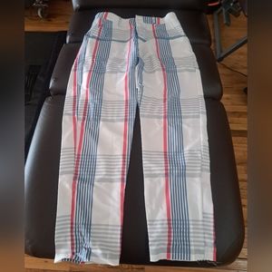 Men's White Casual Pants with Blue and Red Flannel Design